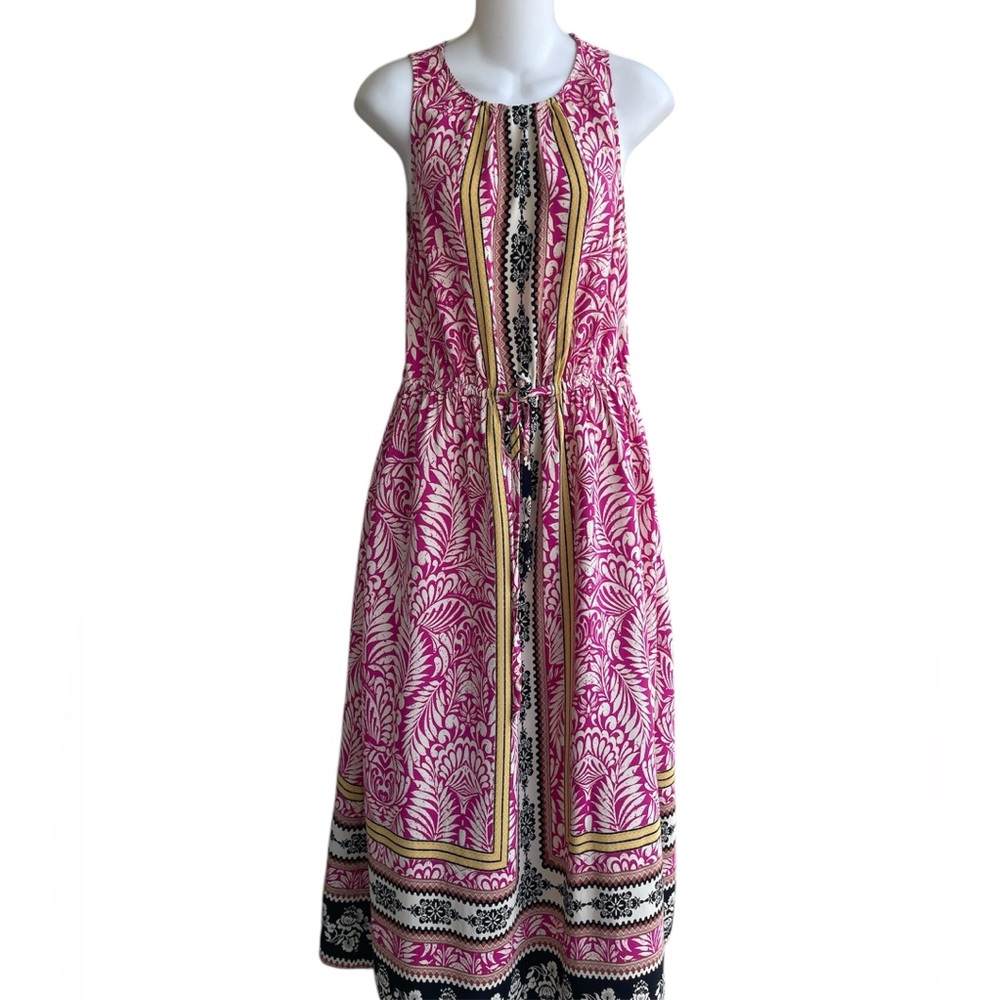 Loft Pink Multi Sleeveless Maxi Dress Elastic Waist Drawstring Cut Out Back Med